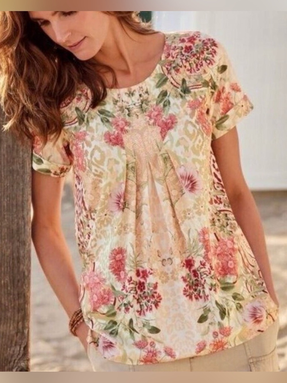 SOFT SURROUNDINGS Cusabo Top Natural Leopard Floral Short Sleeve Size Medium